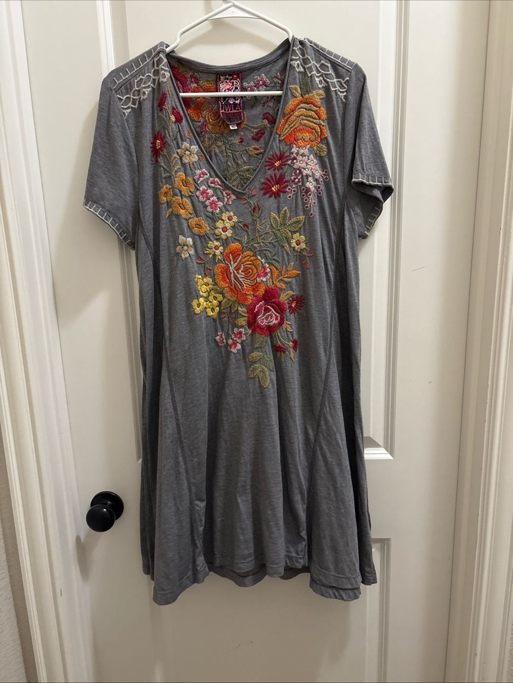 Johnny Was Karlotta Floral Embroidered Dress Gray Drape Flowers Tunic XL Boho